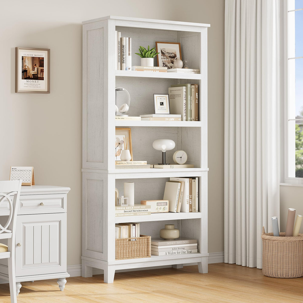 SLEKVERSA 71" Farmhouse Bookcase w/Adjustable Shelves & 31.5" Width, 5 Tier Tall Bookshelf with Wooden Legs, Rustic Vintage Book Shelf for Living Room Office Library (White) SLEKVERSA