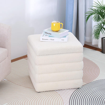 OuchTek Teddy Square Ottoman White Small Storage Ottoman Cube Ottoman for Living Room Sherpa Foot Stool Boucle Vanity Stool with Storage