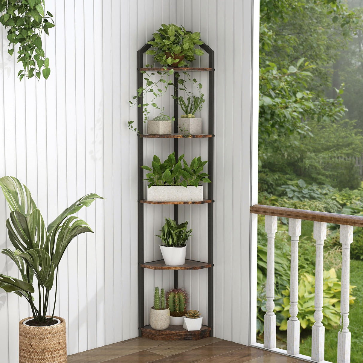 Rustic Brown 5-Tier Corner Bookshelf & Plant Stand by Fun Memories Fun Memories