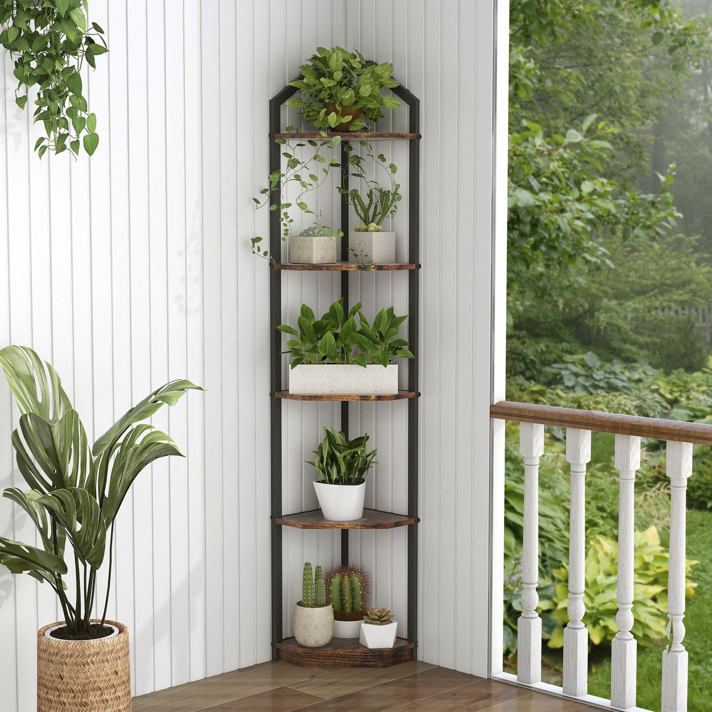 Rustic Brown 5-Tier Corner Bookshelf & Plant Stand by Fun Memories - WoodArtSupply