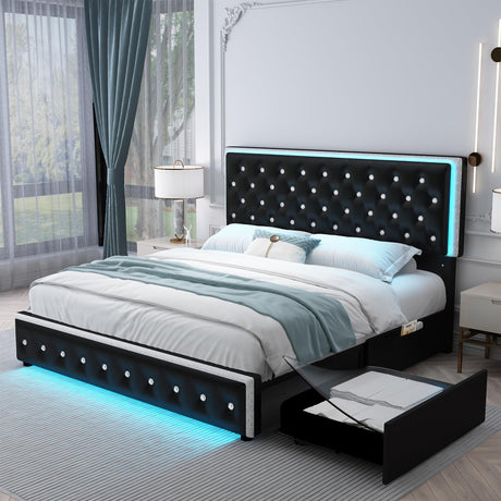 SIBEDS Queen LED Bed Frame with 2 Drawers, Storage Platform Beds with Upholstered Crystal Button Tufted Headboard Footboard, 2 Side Pockets, No Box Spring Needed, PU Black SIBEDS