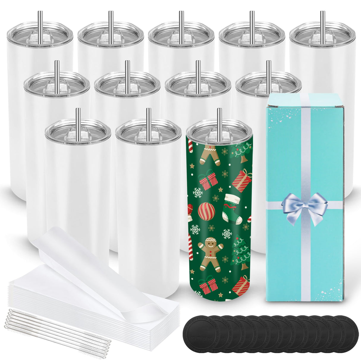 12 Pack Sublimation Tumblers 20 oz Bulk Skinny Straight Flat Bottom Blank Tumbler Cups with Individual Gift Boxed for Heat Transfer DIY Craft D·S