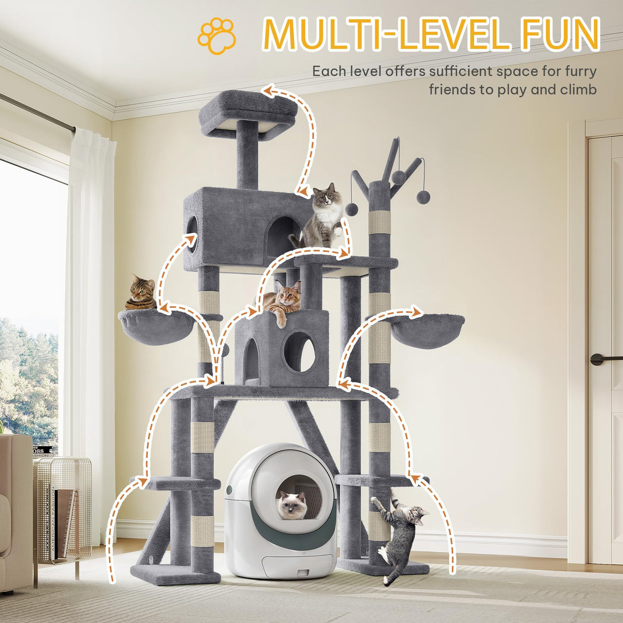 Meowloday 74" Cat Tree for Self-Cleaning Litter Box, Tall Cat Tree Tower with Scratching Posts Condos Hammocks Dangling Balls, Kittens Tower Furniture for Large Automatic Litter Box, Grey Meowloday