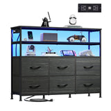 WLIVE Black TV Stand for 40, 45 inch TV, Entertainment Center with LED Lights & Charging Station, TV Media Console Table with 6 Fabric Drawers and Open Shelves for Living Room, Hallway, Wood Top WLIVE