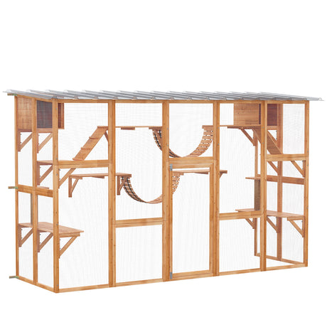 PawHut Catio Playground Cat Window Box Outside Enclosure, Outdoor Cat House with Weather Protection Roof for Multiple Kitties, Wooden Frame, Shelves & Bridges, 118" x 37.5" x 74", Orange PawHut