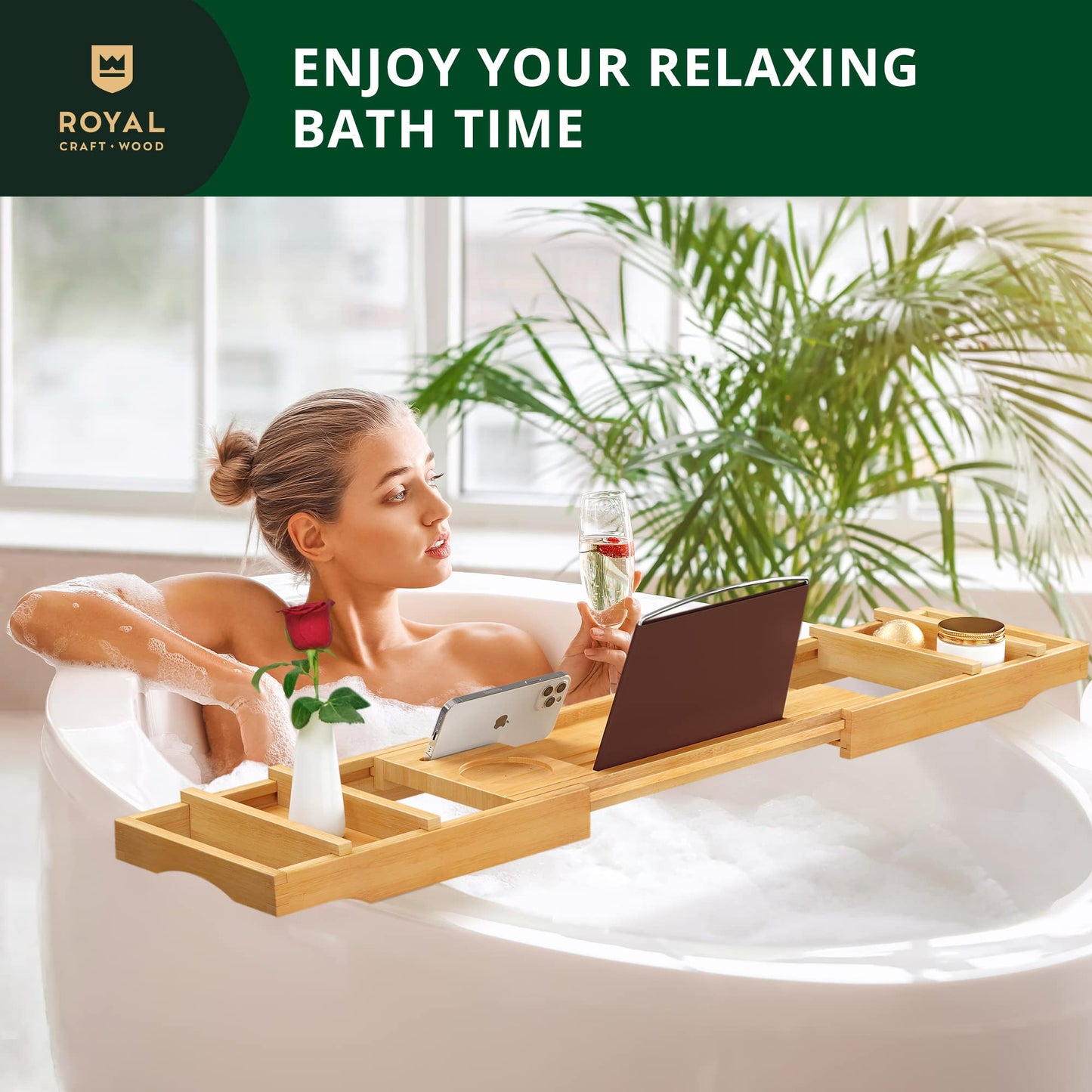 ROYAL CRAFT WOOD Premium Foldable Bathtub Tray - Expandable Bath Tray for Tub - Unique House Warming Bath Tub Tray Wood - Luxury Bathtub & Bathroom - WoodArtSupply