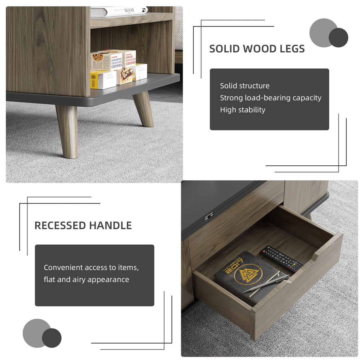 Guyii 38.97" Lift-Top Coffee Table with 4 Stools, 3-in-1 Multi-Functional Center Table, Expandable Dining Table for Living Room, Lift Tabletop Coffee Table with Hidden Storage Compartment, Grey Guyii