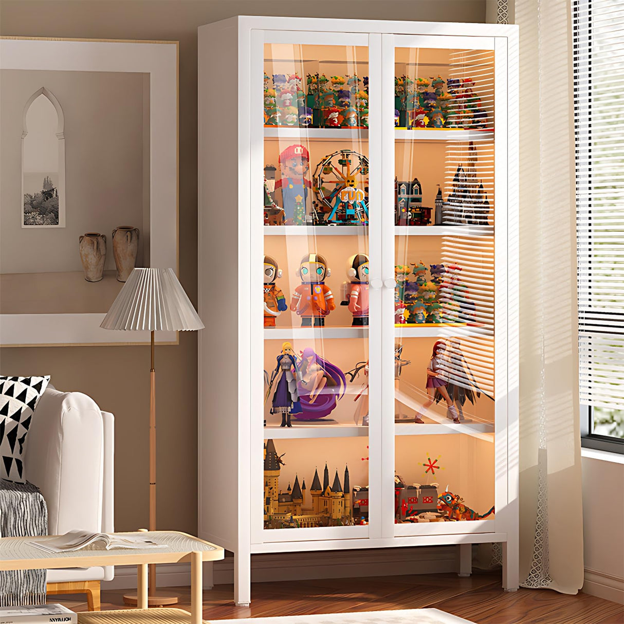 TVMCNA 67" Curio Display Cabinet for Collectibles 5 Tier Metal Storage Cabinet Curio Cabinet with Glass Doors, Tall Display Case Bookshelf with Doors for Living Room, Kitchen, Pantry TVMCNA