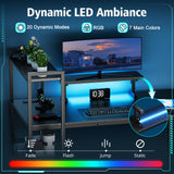 OMICON Computer Desk with LED Light, 42-55 Inch Gaming Desk with Reversible Storage Shelves, Office Desk with Power Outlets Corner Desk for Home Office, Small Space Desk Black Carbon Fiber (42) DOMICON