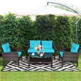 Tangkula 4 Piece Patio Furniture Set, Outdoor Wicker Conversation Set with Glass Top Coffee Table, All Weather Proof and Thick Cushions, Suitable for Porch, Garden, Poolside and Lawn (Turquoise) Tangkula