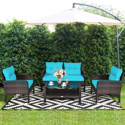 Tangkula 4 Piece Patio Furniture Set, Outdoor Wicker Conversation Set with Glass Top Coffee Table, All Weather Proof and Thick Cushions, Suitable for Porch, Garden, Poolside and Lawn (Turquoi - WoodArtSupply