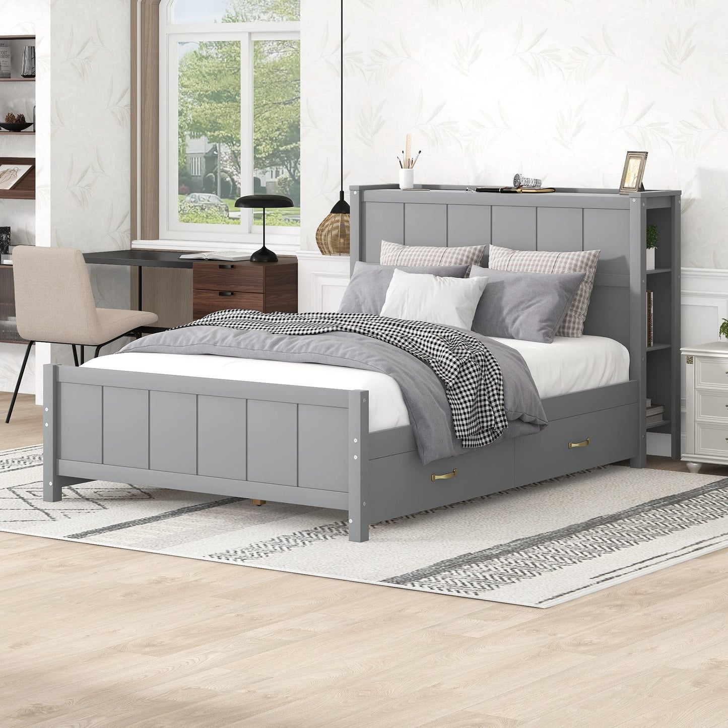 Harper & Bright Designs Full Size Bed with Bookcase Headboard and 4 Storage Drawers in Gray - WoodArtSupply