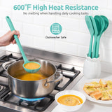 600ºF Heat Resistant Kitchen Utensil: U-Taste 13.6" Extra Long Silicone Cooking Tools Set, Food-Grade Non-Stick Solid and Slotted Turner Spatula, Mixing Spoon, and Soup Ladle (5 Pieces, Aqua Sky) U-Taste