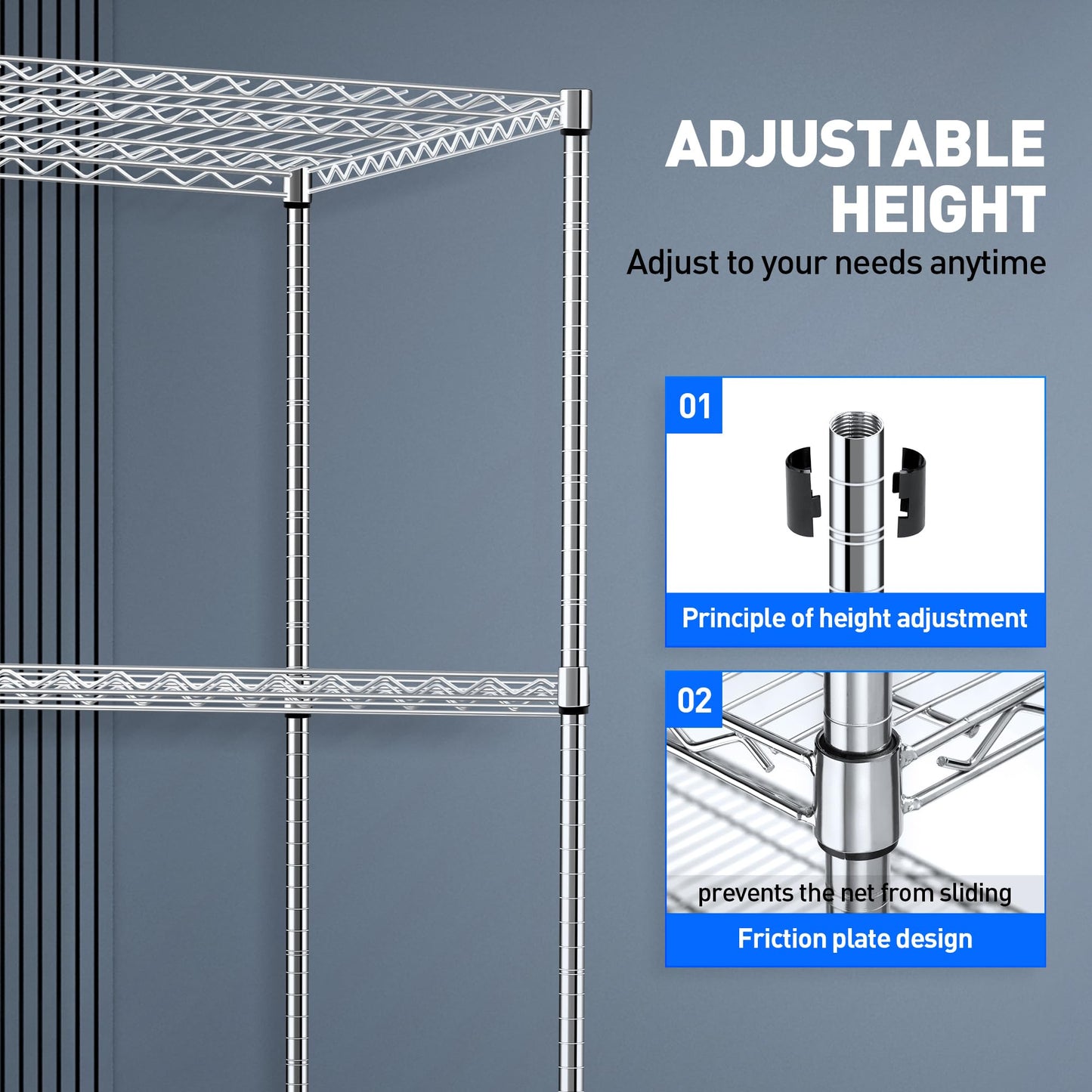 Rengue Wire Shelving with Wheels, 60"x 24"x72" Metal Storage Shelves, 4-Tier Heavy Duty Garage Storage Shelves, Chrome 2400LBS Capacity Wire Shelf Rack for Restaurant, Garage, Pantry, Kitchen