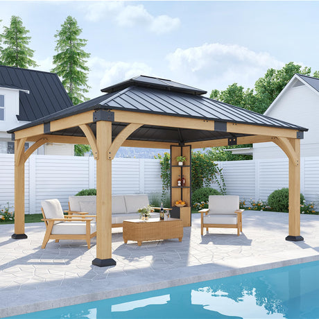 ZIENLIFE 12x14 ft Cedar Wood Gazebo with Sunlight Roof &Storage Cabinet, Hardtop Gazebo with Galvanized Steel Double Roof, Heavy Duty Pavilion for Patio Lawn and Garden ZIENLIFE