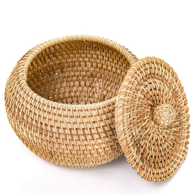 WRINGKIT Round Rattan Basket Box with Lid, Small Handmade Woven Storage Basket, Multi-purpose Wicker Bowl Decorative Organizer for Shelf, Home, Bathroom Decor