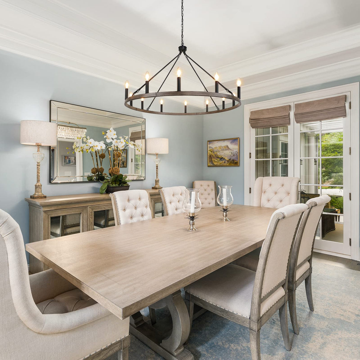 WBinDX 12-Light Wagon Wheel Chandelier Farmhouse Faux Wood Metal Black Chandelier, 38.2 Inch Large Rustic Candle Round Chandeliers for Dining Room Living Room Entryway Foyer Lighting WBinDX