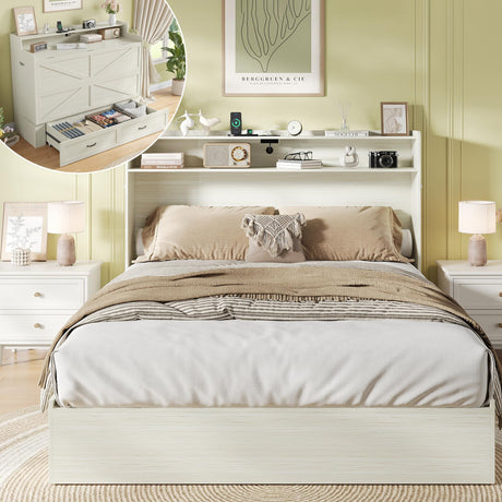 Maupvit Queen Murphy Bed Cabinet with Charging Station and Storage Drawer, Farmhouse Wood Foldable Platform Bed for Guest Room, Living Room, Office, Small Spaces, Space Saving, Vintage White Maupvit