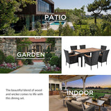 Quarte 7 Piece Outdoor Patio Dining Set, PE Rattan Wicker Dining Table and Chairs Set with Acacia Wood Tabletop and Stackable Armrest Chairs/Water-Proof Cushions Quarte