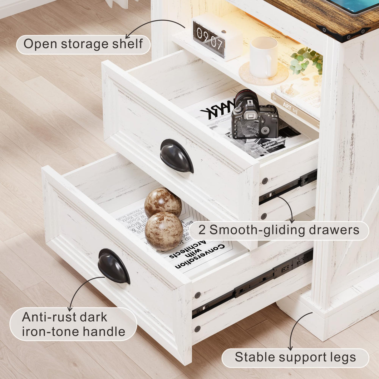 FONTOI Farmhouse Nightstand, End Table with Drawers, Nightstand with Charging Station, Bedside Table with 3 LED Lights Modes, Wood Nightstand with Smart Human Sensor for Bedroom, Brown & White FONTOI