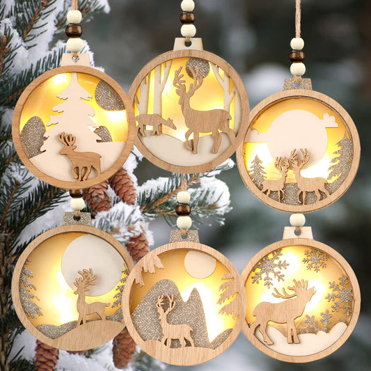 Yalikop 6 Pieces LED Wooden Christmas Ornaments Set Christmas Trees Hanging Ornaments Christmas Decorations Indoor Wooden Reindeer Ornaments for Holiday, Party Decoration, Event, Christmas