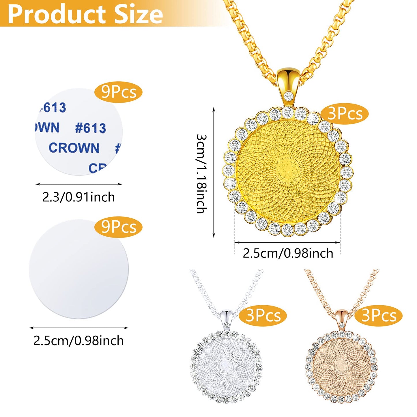 9 Pieces Sublimation Blank Necklace Rhinestone Bezel Pendant Trays with Lobster Clasps Chains 9 Pieces Sublimation Blank Disc 9 Pieces 0.98 Inch Double Side Tape Pendant Trays for Jewelry Making