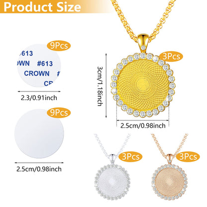 9 Pieces Sublimation Blank Necklace Rhinestone Bezel Pendant Trays with Lobster Clasps Chains 9 Pieces Sublimation Blank Disc 9 Pieces 0.98 Inch Double Side Tape Pendant Trays for Jewelry Making