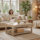 Homkdom Coffee Table, 39 Inch Modern Coffee Tables for Living Room with 2-Tier Storage & Wave-Edge, Oak Center Table for Bedroom/Office Homkdom