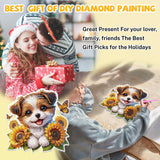 Bowetile Dog Diamond Art Hanging Kits for Adults Kids, 5D Special Shape Diamond Painting Sunflowers Pendant Kits, Animal Gem Art Suncatchers Painting Window Ornament for Home Garden Wall Decor Bowetile