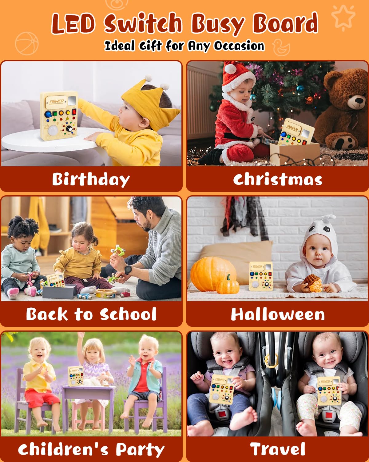 RCPLAGA Montessori Busy Board for 1-3 Toddlers: Wooden Sensory Busy Board Toy with LED Light Switch,Baby Travel Toy Preschool Learning Activities Board Christmas Birthday Gifts for Boys and Girls RCPLAGA