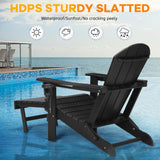 Rengue Folding Adirondack Chair with Retractable Ottoman, Patio Chair with Cup Holder, Wood Texture Fire Pit Chair, Heavy Duty HDPE Weather Resistant for Outdoor Lawn Porch Garden Backyard Deck Rengue