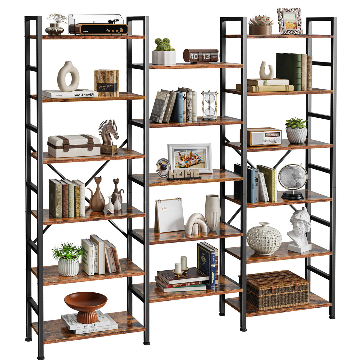 SUPERJARE Triple 6 Tier Bookshelf, Bookcase with 17 Open Display Shelves, Wide Book Shelf Book Case for Home & Office, Rustic Brown SUPERJARE