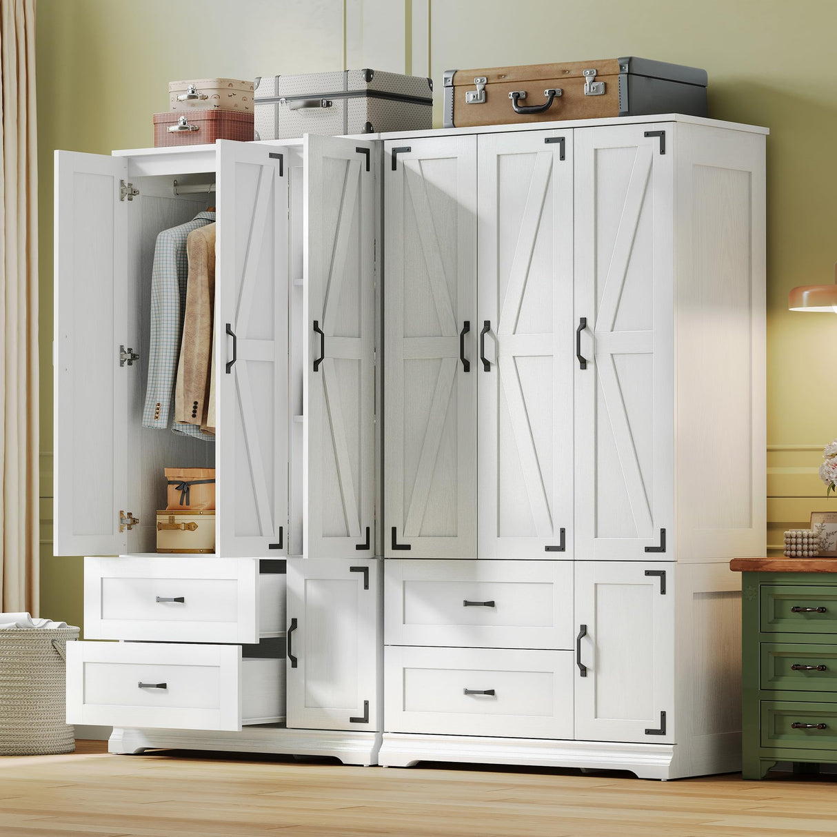 LIKIMIO Armoire Wardrobe Closet 71" H, Bedroom Wooden Wardrobe with 4 Doors and 2 Drawers, Farmhouse Clothing Storage Cabinet Combination with Hanging Rod, Shelves, and Hooks, White LIKIMIO