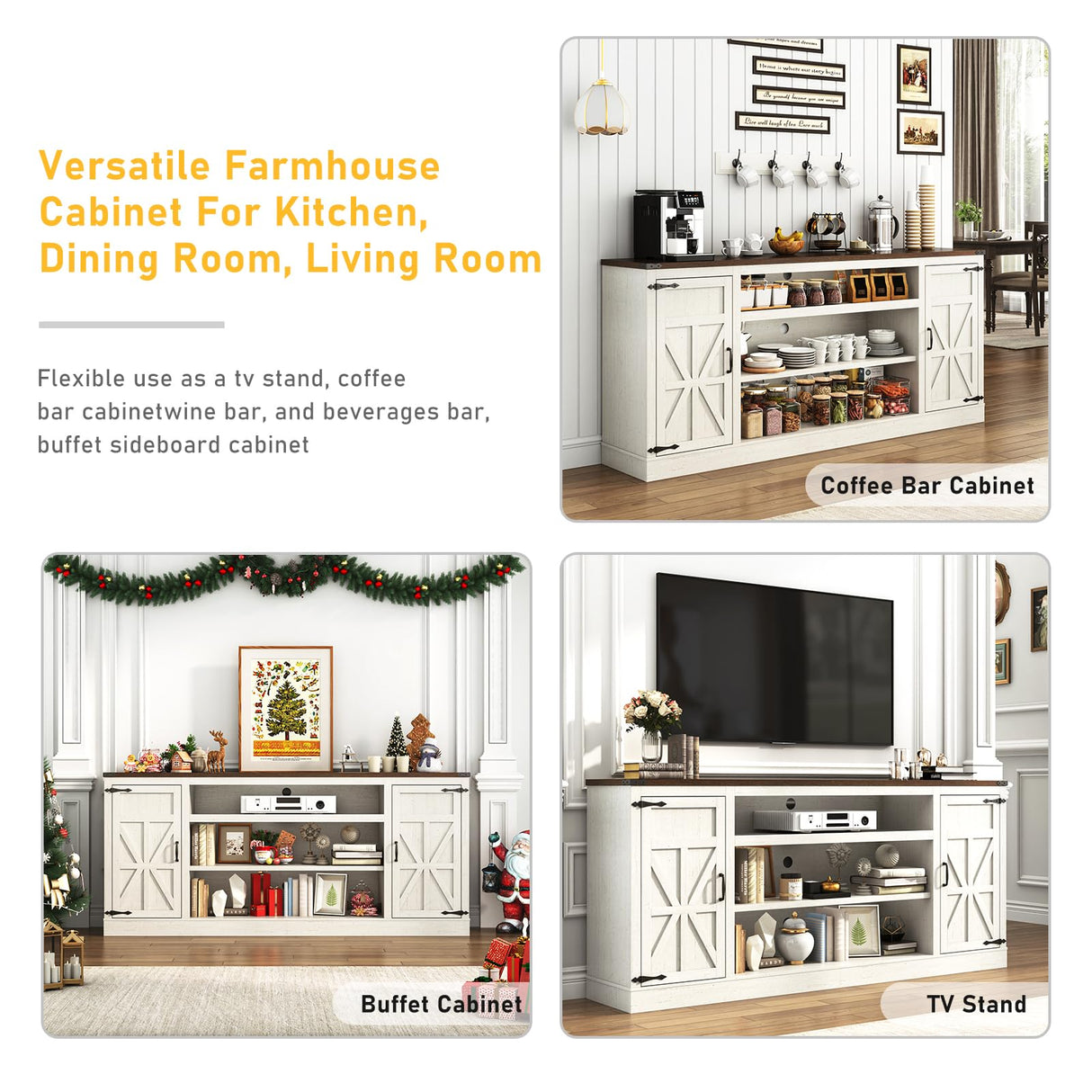 Hlivelood 75" Farmhouse TV Stand with Power Outlets for 85 Inch TVs, 33" Tall Entertainment Center with Storage Cabinets w/Adjustable Shelves, Rustic Large TV Media Console, Rustic White Hlivelood