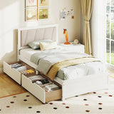 Giantex Wood Twin Bed with 2 Storage Drawers, Solid Wood Platform Bed with Upholstered Headboard, Wooden Slats Support, Twin Bed Frames for Kids Teens Adults, No Box Spring Needed, White & Beige Giantex