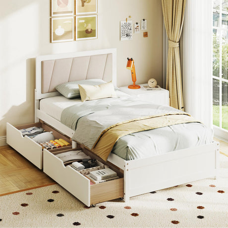 Giantex Wood Twin Bed with 2 Storage Drawers, Solid Wood Platform Bed with Upholstered Headboard, Wooden Slats Support, Twin Bed Frames for Kids Teens Adults, No Box Spring Needed, White & Beige Giantex