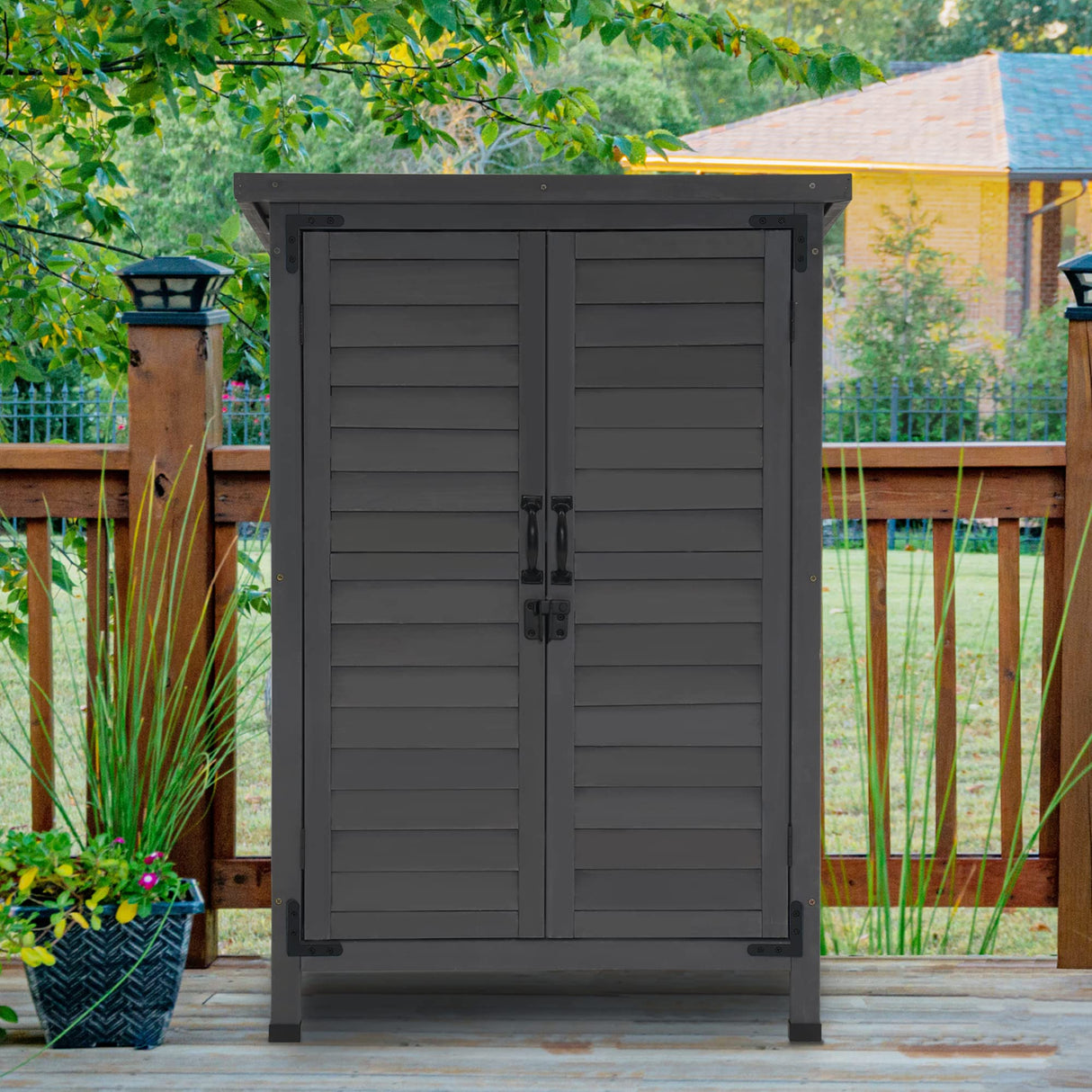 MCombo Outdoor Wood Storage Cabinet, Small Size Garden Wooden Tool Shed with Double Doors, Outside Tools Cabinet for Backyard (24.6”x 18.3”x38.2”) 0985 (Grey) MCombo