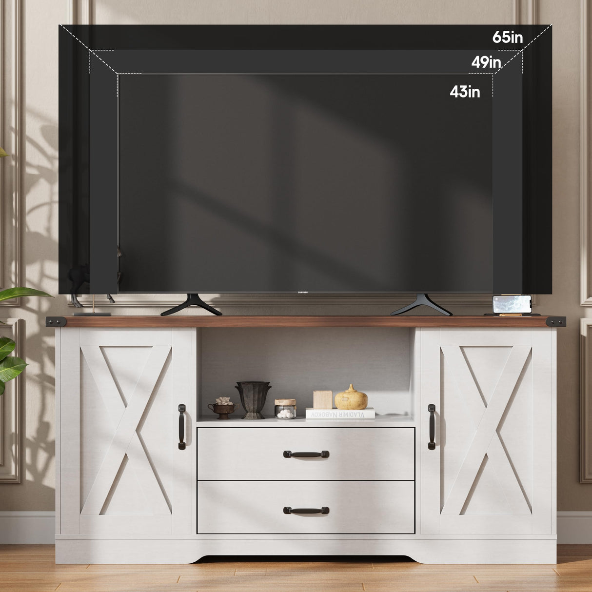 Maupvit Farmhouse TV Stand for 65 Inch TV, Television Stands with Drawers, TV Console with Storage, 58.3" TV Cabinets,Modern Entertainment Center for Living Room Bedroom,White Maupvit