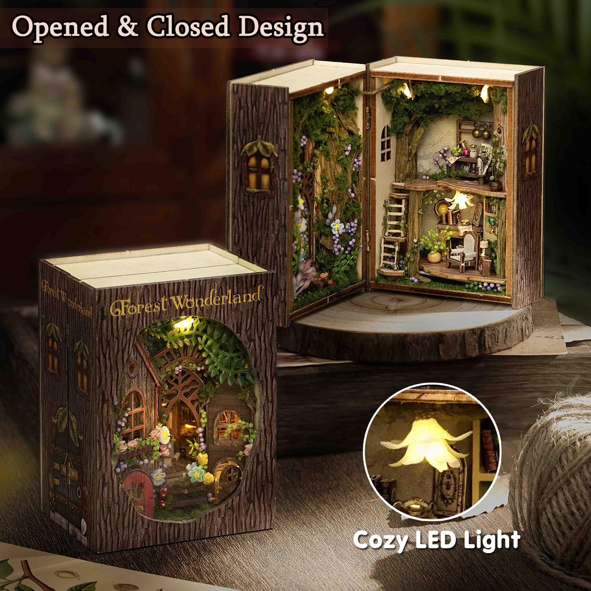 TuKIIE DIY Miniature Dollhouse Kit with Furniture, 1:32 Scale Opened & Closed Mini Cube Wooden Doll House Book Nook Creative Room for Kids Teens Adults(Forest Wonderland) TuKIIE