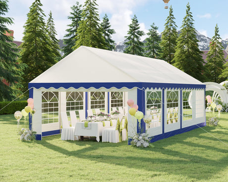 LUXOAK 13x26FT Large Outdoor Event Shelter, Wedding Party Tent with Sidewall Windows & 2 Side Doors, Heavy Duty Canopy Gazebo Tent for Garden Patio Carport/White with Blue Stripes LUXOAK