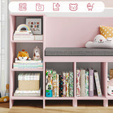HOSTACK 67" Pink Kids Reading Nook with Bench, Bookshelf, Cushioned Seat & 6 Storage Cubbies HOSTACK