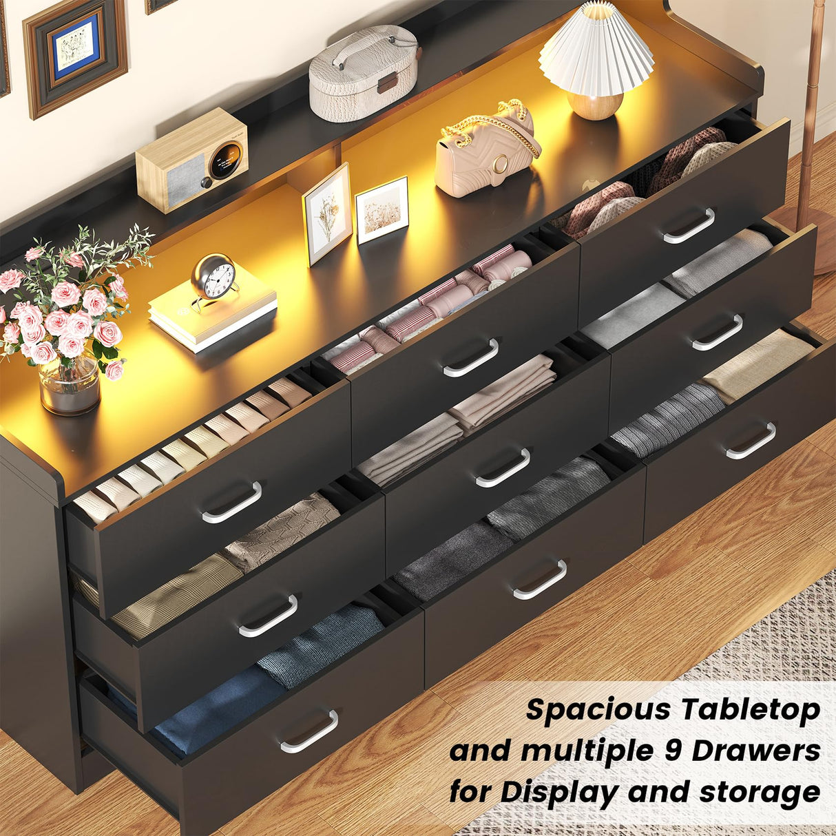 Bigbiglife 9 Drawer Dresser with Built in Power Outlet and LED Light, Modern Chest of Drawers for Bedroom, Triple Wide Drawer Organizer Cabinet for Living Room, Entryway, Hallway, Black Bigbiglife
