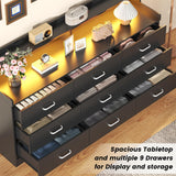 Bigbiglife 9 Drawer Dresser with Built in Power Outlet and LED Light, Modern Chest of Drawers for Bedroom, Triple Wide Drawer Organizer Cabinet for Living Room, Entryway, Hallway, Black Bigbiglife