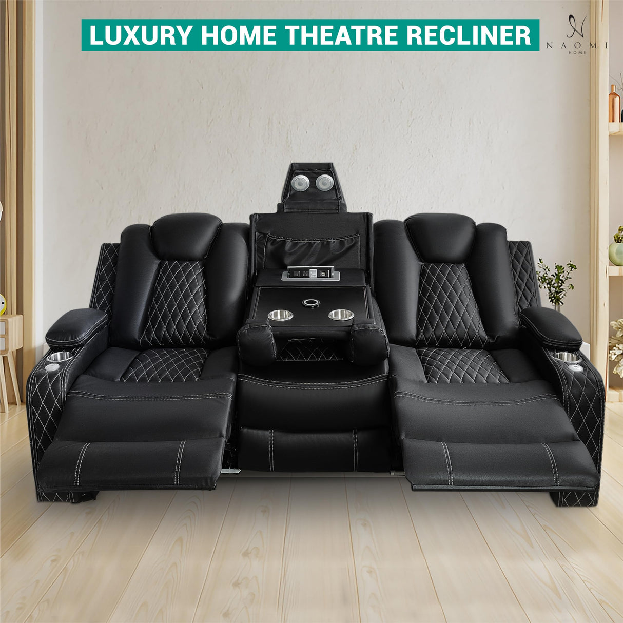 Naomi Home Chicago Sofa Black Air Leather – Premium 3-Seater Reclining Sofa with Console, Cup Holders, USB Ports, Pillow Top Armrests & Split Back Design – Modern Faux Leather Couch for Living Room Naomi Home