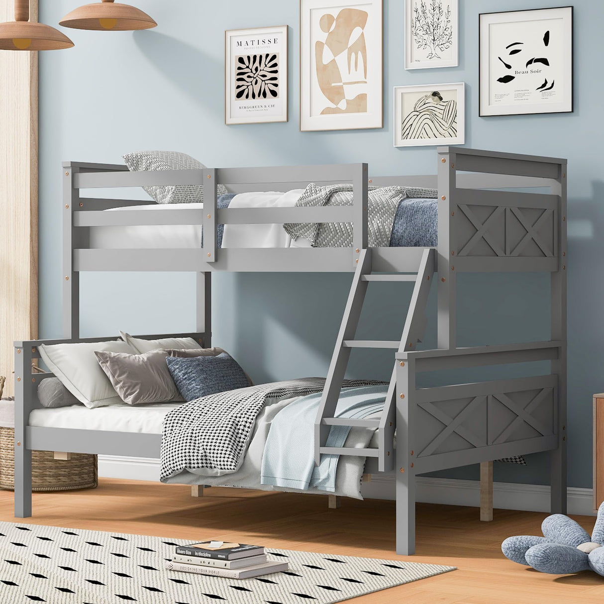 N NAANSI Twin Over Full Bunk Bed with Ladder, Full Length Guardrail, X-Shape Headboard and Footboard, Wooden Bunk Bed Frame Can be Separated into 2 Beds, Gray N NAANSI