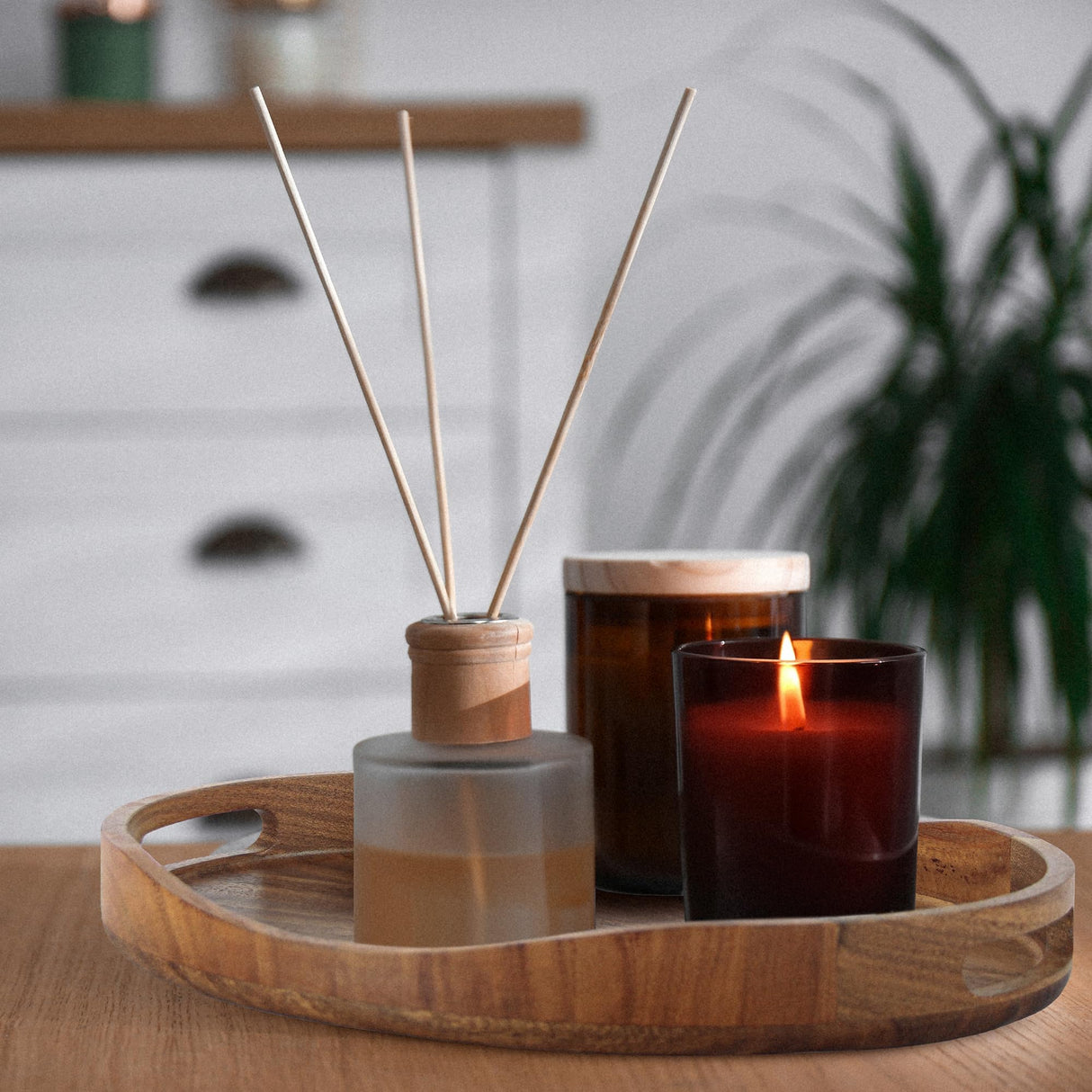 Acacia Wood Serving Tray with Handles - 17"x13" Round, Decorative Ottoman Tray for Living Room, Coffee Table, Breakfast in Bed, Candle Display KITEISCAT