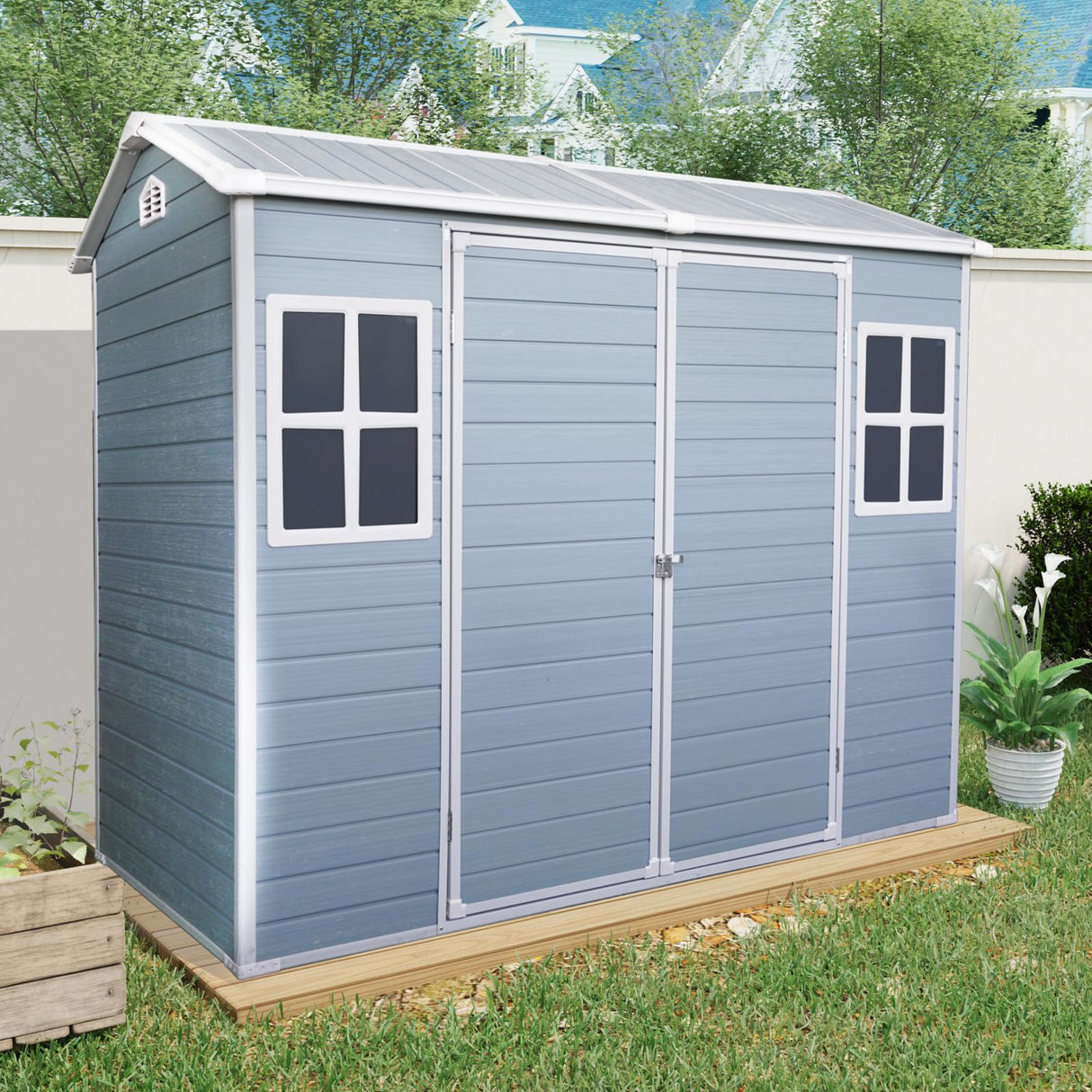 8x4ft Outdoor Storage Shed with Two-Window and Lockable Door, Resin Plastic Shed with Floor for Gargen, Patio, Yard, Lawn, Light Grey Star20XX