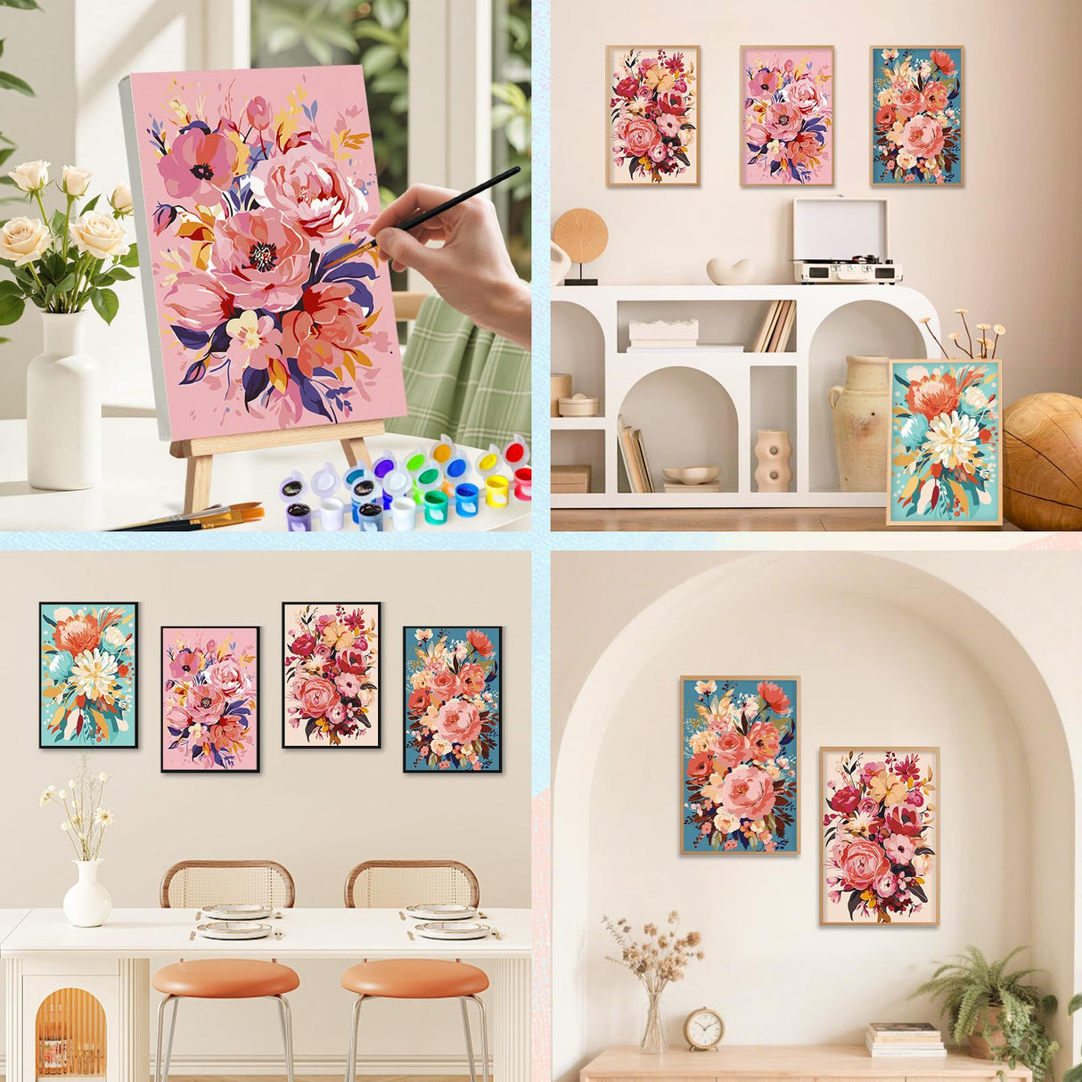 4 Pack Framed Paint by Numbers Kit for Adults with Wooden Easel, Flowers Paint by Numbers with Frame for Beginner, Flowers Adult Paints by Number Kits on Canvas Framed for Wall Decor 8 x 12 Inch Camocin