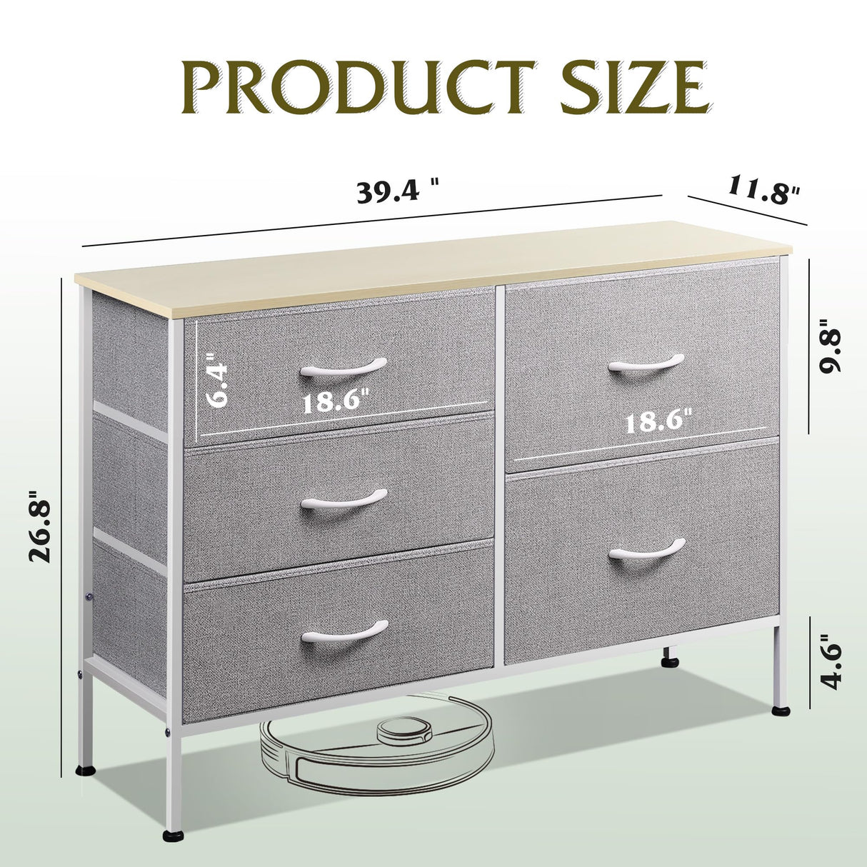 WLIVE Dresser for Bedroom with 5 Drawers, Wide Bedroom Dresser with Drawer Organizers, Chest of Drawers, Fabric Dresser for Living Room, Closet, Hallway, Light Grey WLIVE