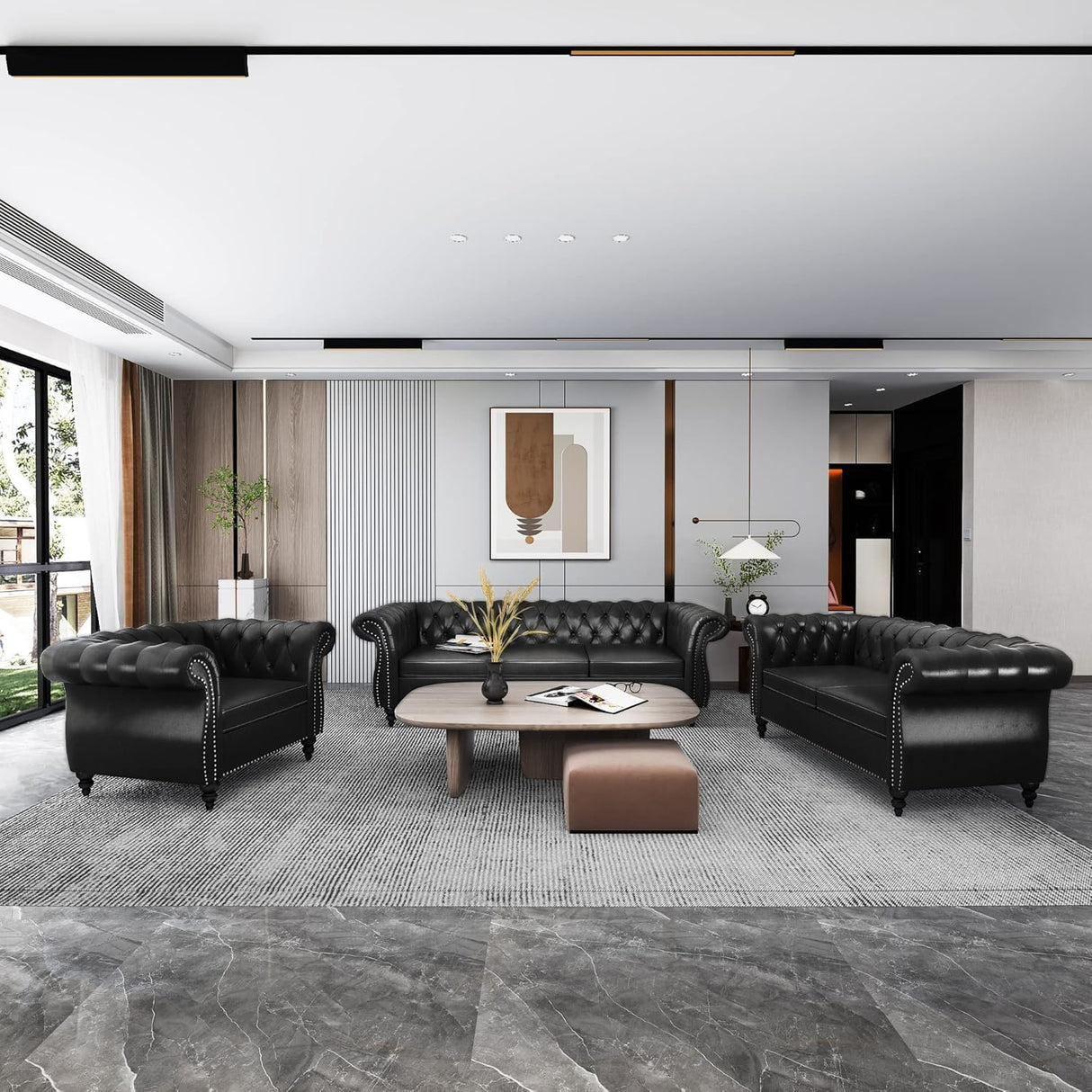 RUSTYER Chesterfield 3 Seater Sofa, Modern Leather Tufted Couch 3 Seater with Rolled Arms and Nailhead Mid-Century Upholstered Couch for Living Room, Bedroom, Apartment and Office, Black RUSTYER